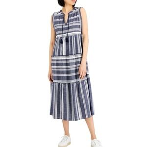 Charter Club Cotton Navy White Striped Sleeveless Midi Dress Size XL